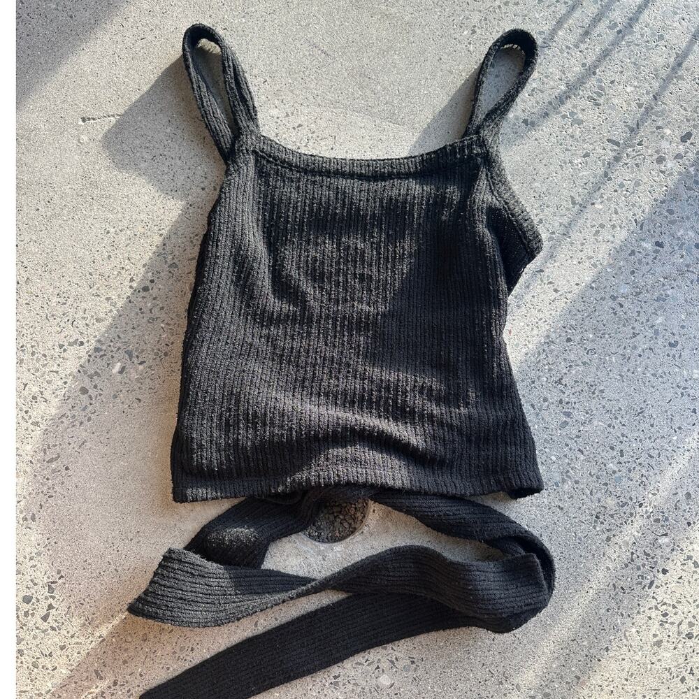 Madewell Women's Medium Tank Black Knit Tie Bow Detail Cropped Square Neck